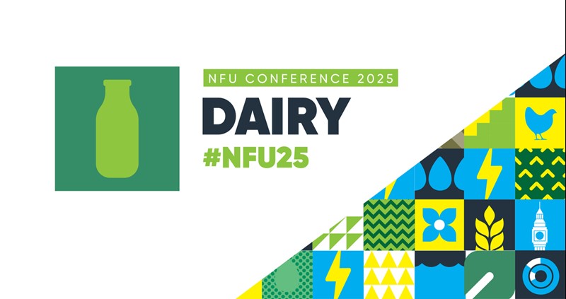 Icons of farming related images with the words 'NFU Conference' on a green background, with the words 'dairy' and '#NFU25'