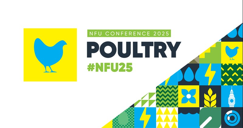 Icons of farming related images with the words 'NFU Conference' on a green background, with the words 'poultry' and '#NFU25'