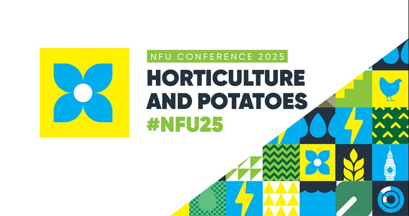 Icons of farming related images with the words 'NFU Conference' on a green background, with the words 'Horticulture' and '#NFU25'