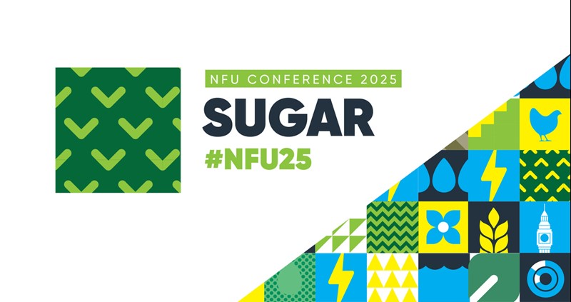 Icons of farming related images with the words 'NFU Conference' on a green background, with the words 'Sugar' and '#NFU25'