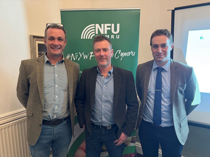 (L-R) NFU Cymru Anglesey County Chairman Richard Rogers; guest speaker Will Evans; NFU Cymru County Adviser Ilan Jones