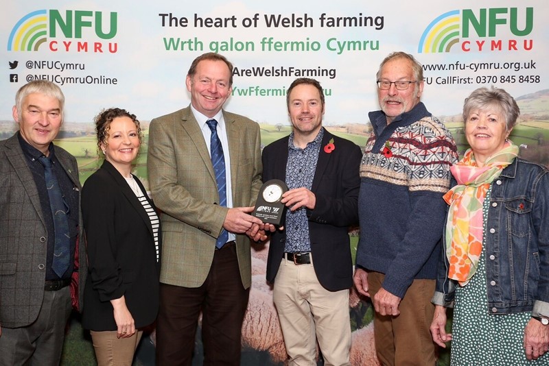 Pictured are NFU Cymru Rural Affairs Board Chairman Hedd Pugh, Claire Morgan, Bryn Hughes, National Sheep & Beef Specialist at Wynnstay, Huw Morgan, Glasnant Morgan and Linda Morgan 