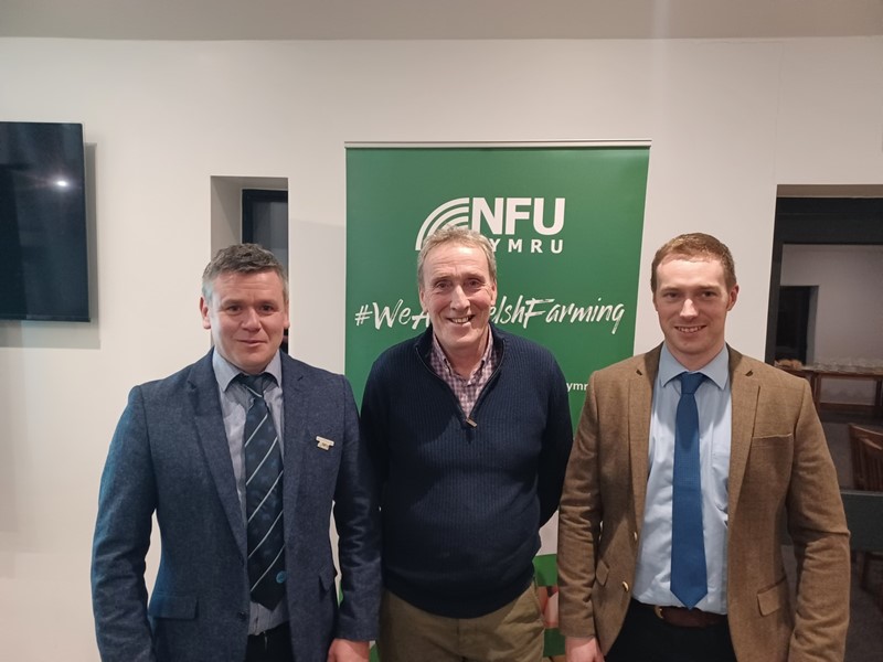 Pictured (L-R) are guest speaker Dylan Jones; NFU Cymru Mid Gwynedd County Chairman Trefor Parry and NFU Cymru County Adviser Ilan Jones