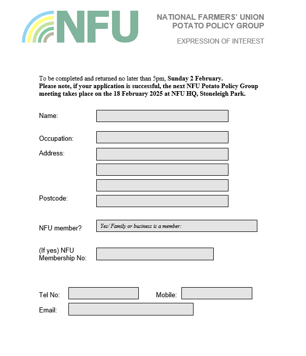 NFU Potato Policy Group expression of interest form