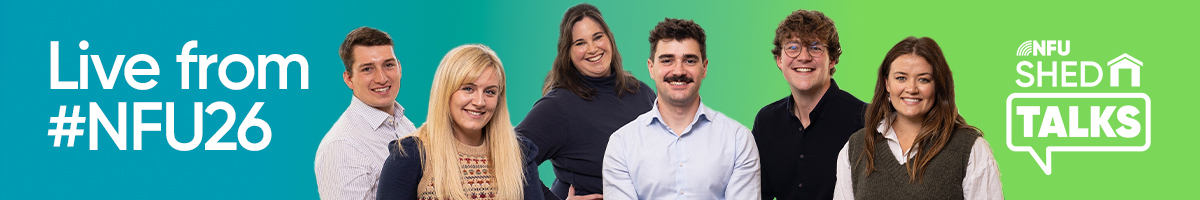 NFU Shed Talks 'Live from #NFU26' podcast banner featuring the presenters