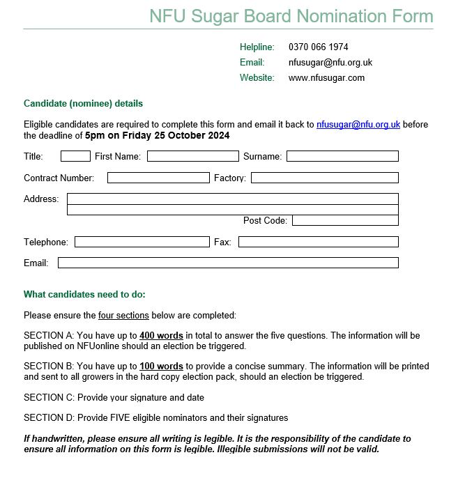 NFU Sugar Board nomination form