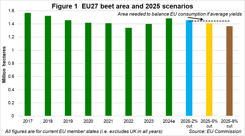 Graph showing Figure 1: EU27 beet area and 2025 scenarios