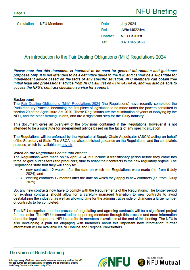 An introduction to the Fair Dealing Obligations (Milk) Regulations 2024