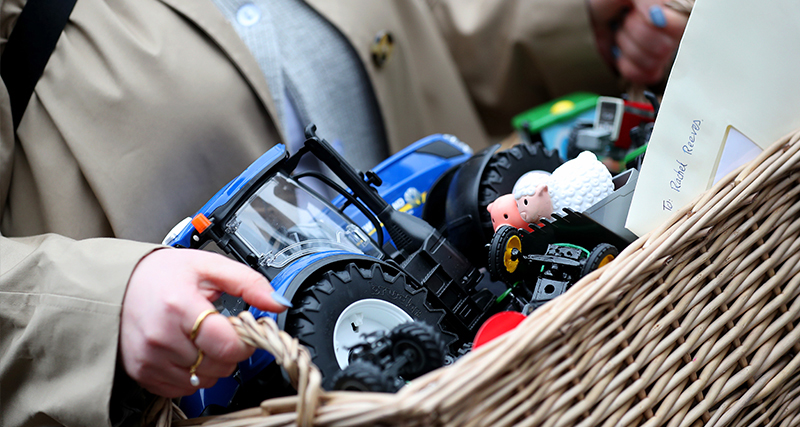 Close up of hamper with letter addressed to Rachel Reeves