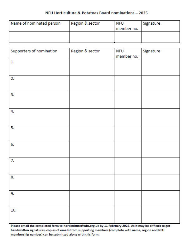 NFU Horticulture and Potatoes Board nominations form 2025