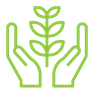 An icon displaying a pair of hands holding a plant, indicating caring for the environment