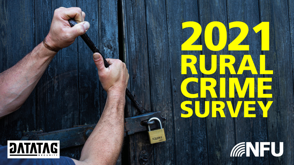 An image of someone using a crow bar to break into a barn overlaid with the text: 2021 Rural Crime Survey